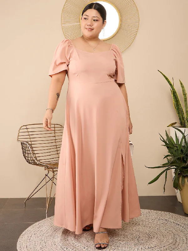 Maxi dress with tropical print-Berrylush Curve Women Pink Solid Square Neck Short Sleeves Front Slit Maxi Dress