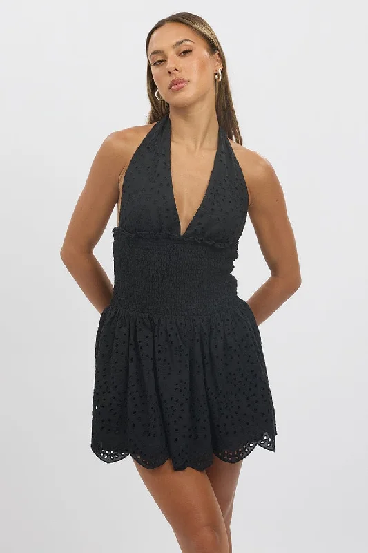 Mini dress with glitter accents-Black Halter Neck Dress Mini Eyelet Fabric