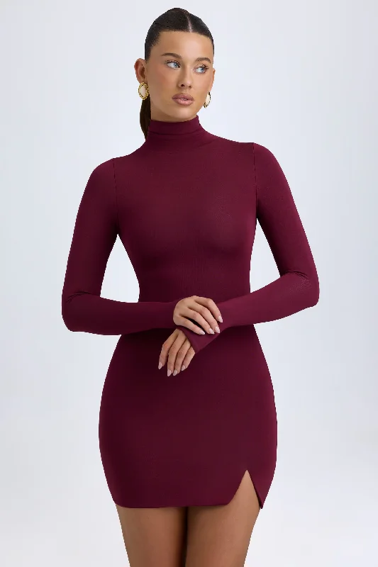 Mini dress with glitter accents-Modal Turtleneck Mini Dress in Wine Red