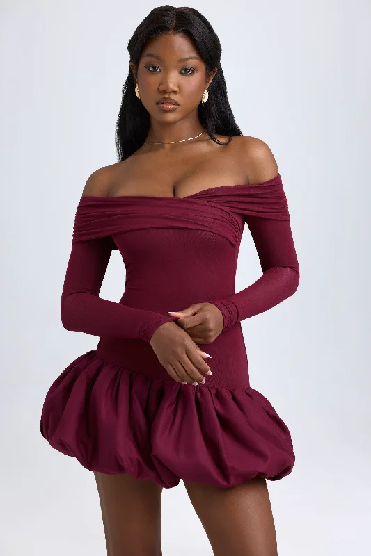 Casual mini dress for daytime-Modal Off-Shoulder Bubble Hem Mini Dress in Wine Red