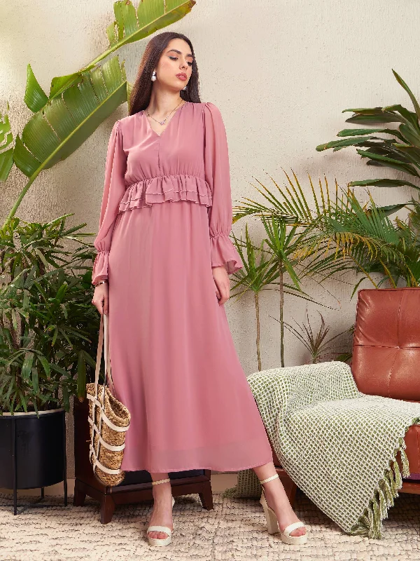 Maxi dress with puffball skirt-Women Pink Peplum Maxi Dress