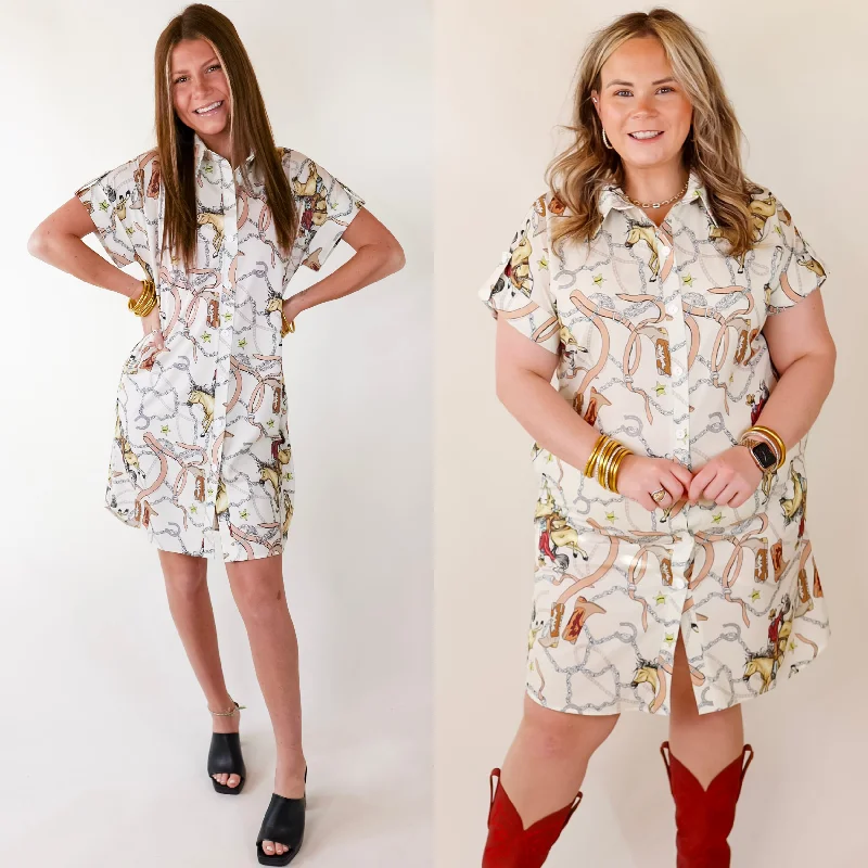 Mini dress with iridescent finish-The Cowgirl Way Button Up Cowboy Print Dress in Cream