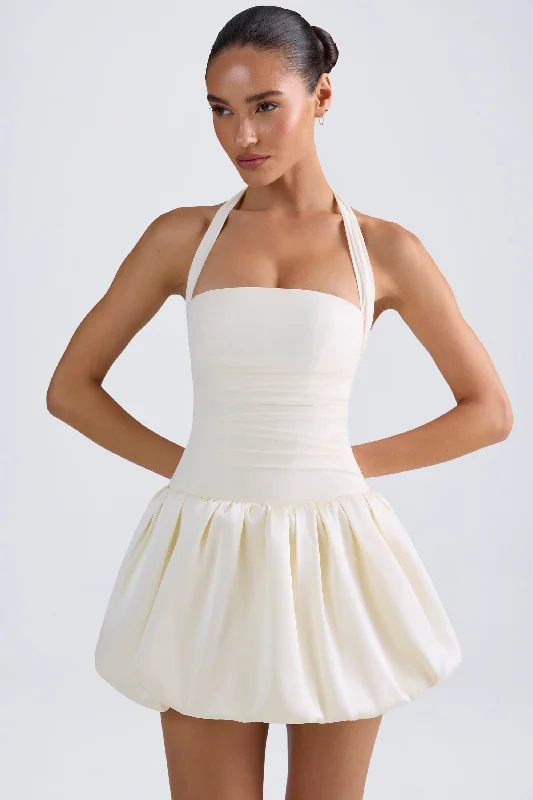 Mini dress with adjustable straps-Halterneck Lace-Up Bubble Hem Corset Micro Mini Dress in Ivory