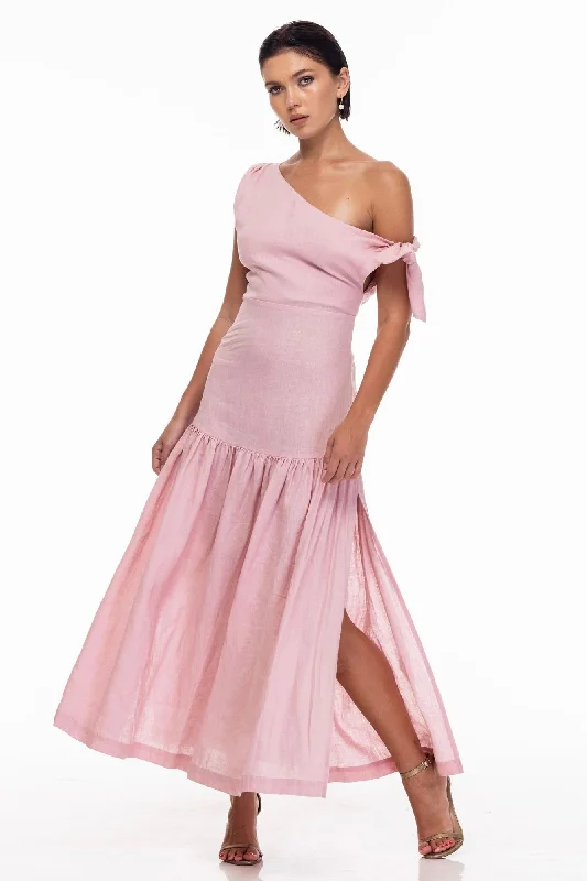 Maxi dress with formal elegance-Dhalia Adore Pink Off Shoulder Maxi Dress