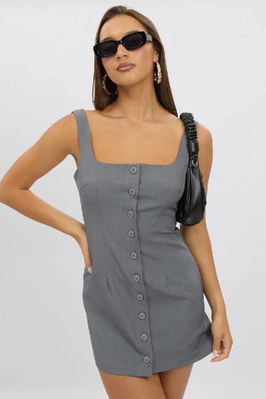 Mini dress with iridescent finish-Grey Mini Dress Square Neck Button Down