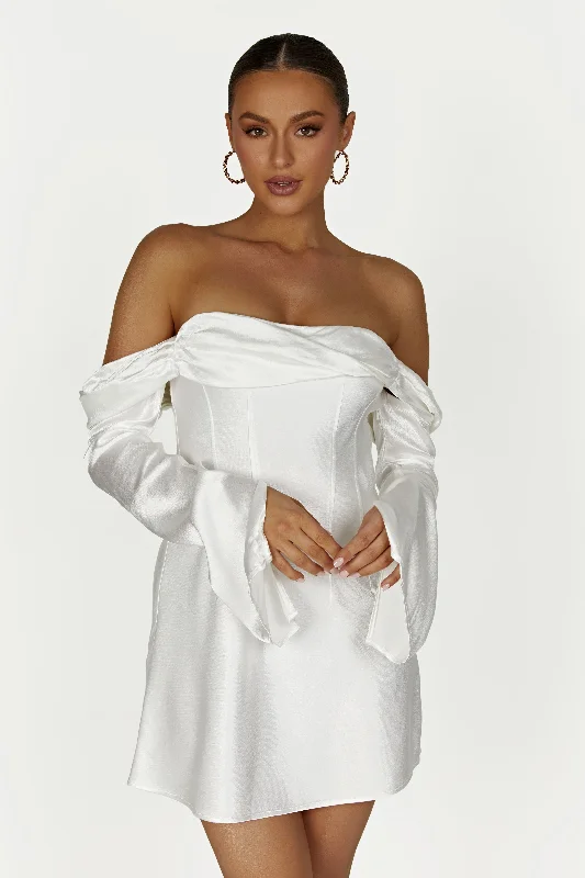 Mini dress with ruffled hem-Giselle Off Shoulder Satin Mini Dress - White