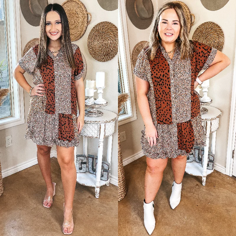 Mini dress with plunging neckline-Last Chance Size Small | What I'm Hoping Dotted Mix Print Collared Peplum Dress in Almond Brown