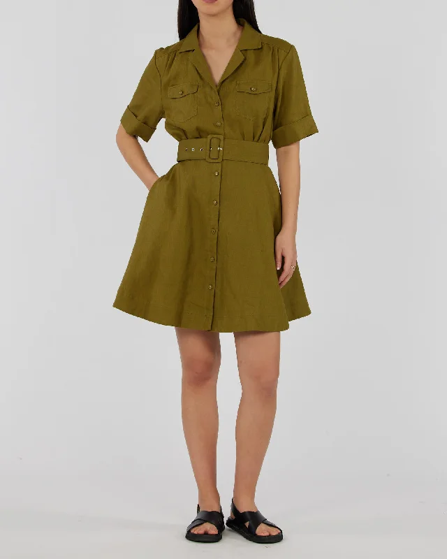 Mini dress with faux leather-Cadence Linen Mini Dress - Olive