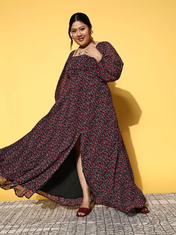 Maxi dress with youthful look-Berrylush Women Plus Size Black & Fuchsia Floral Printed Square Neck Thigh-High Slit Fit & Flare Maxi Dress