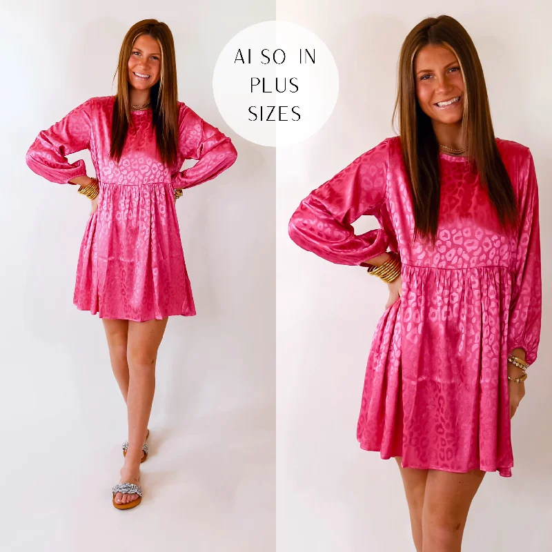 Mini dress with youthful look-Change Is Coming Leopard Print Babydoll Dress with Long Sleeves in Hot Pink