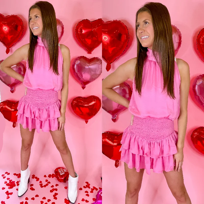 Mini dress with tiered layers-Going For Glam Smocked Waist Romper with Ruffle Skirt in Pink