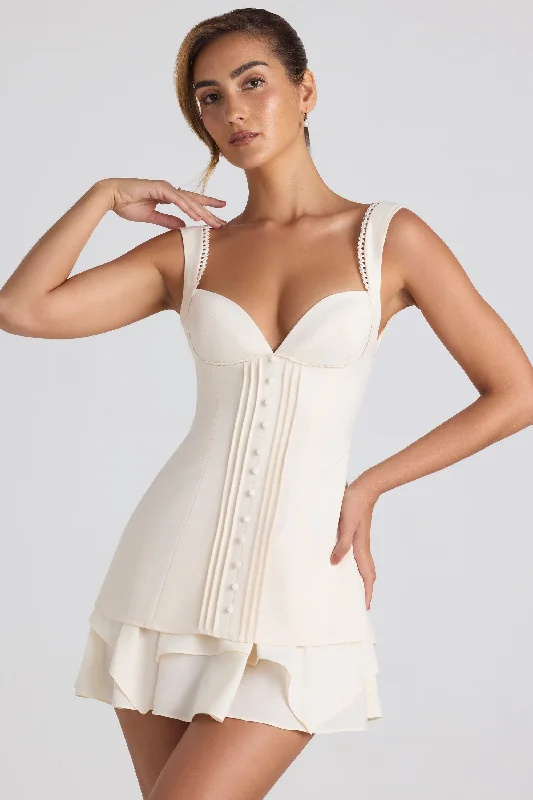 Mini dress with funky flair-Ruffle-Trim Button-Detail Corset Mini Dress in Ivory