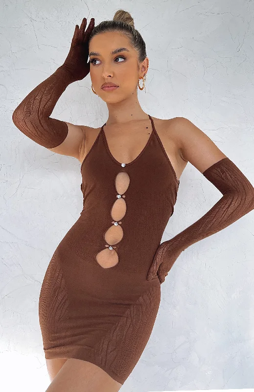 Mini dress with mesh insert-Link Up Mini Dress Chocolate