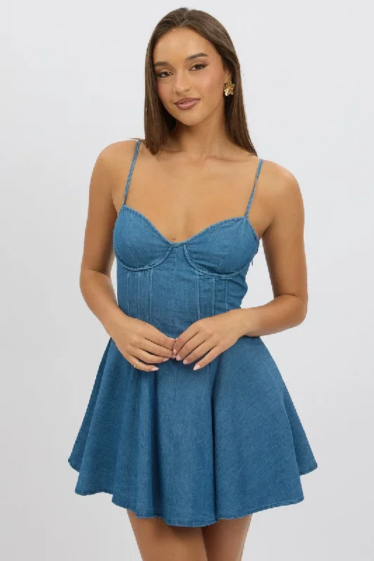 Mini dress with elastic waistband-Blue Fit And Flare Dress Mini