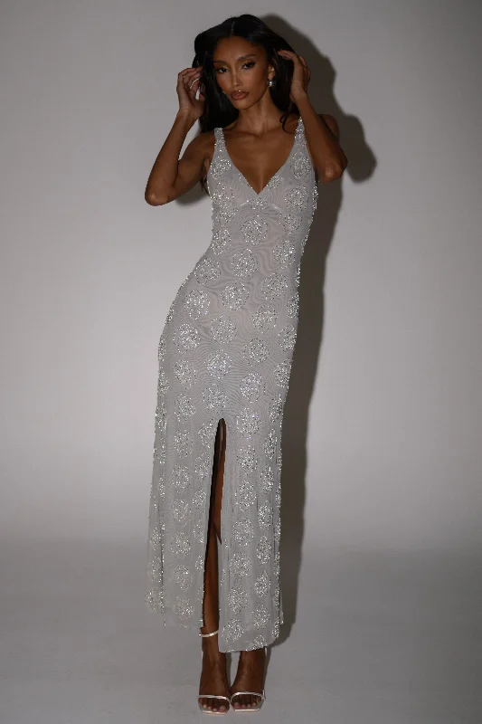 Maxi dress with glam touch-Nylah Rose Beaded Maxi Dress - Silver