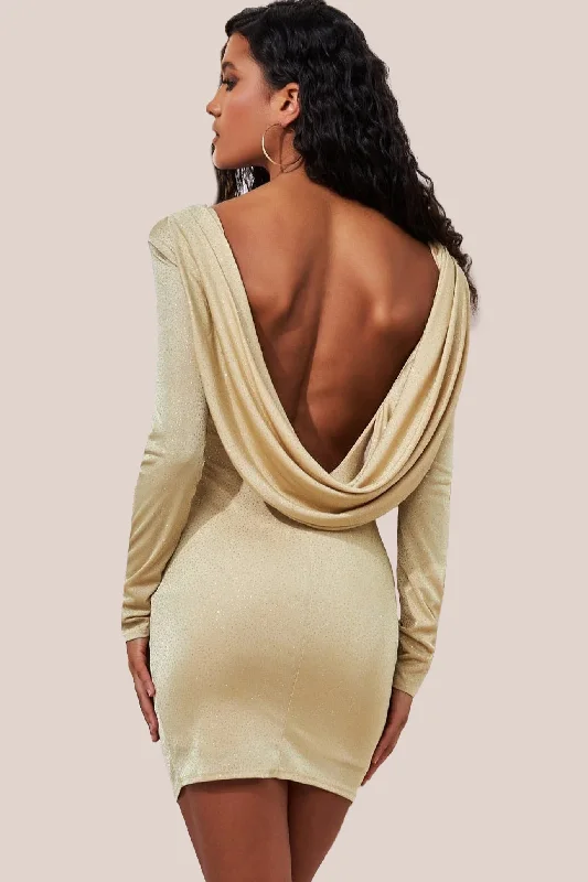 Mini dress with high neckline-Goddiva Glitter Cowl Back Mini With Sleeves - Gold