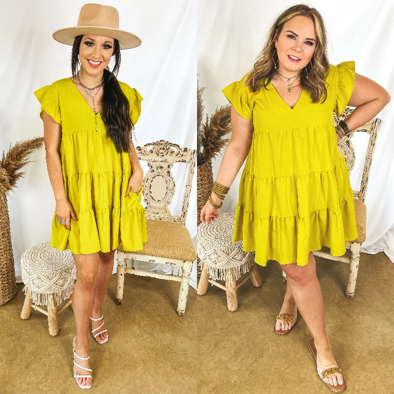 Mini dress with metallic threads-Last Chance Size Small & Medium | Delightful Endeavor Ruffle Cap Sleeve Tiered Dress in Chartreuse