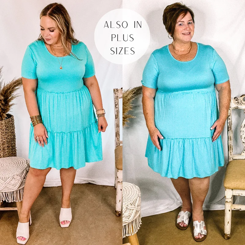 Mini dress with faux leather-Last Chance Size Small, 2XL & 3XL | A Night to Remember Ruffle Tiered Short Sleeve Dress in Aqua Blue