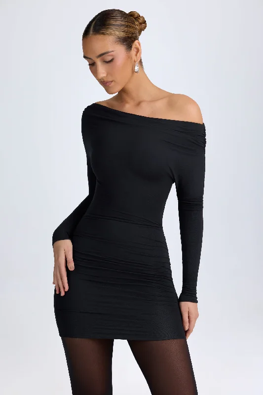 Mini dress with empire waist-Modal Off-Shoulder Ruched Mini Dress in Black