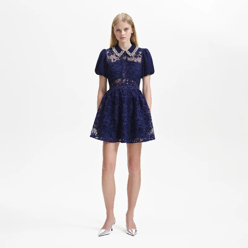 Mini dress with mesh insert-Navy Lace Diamante Collar Mini Dress