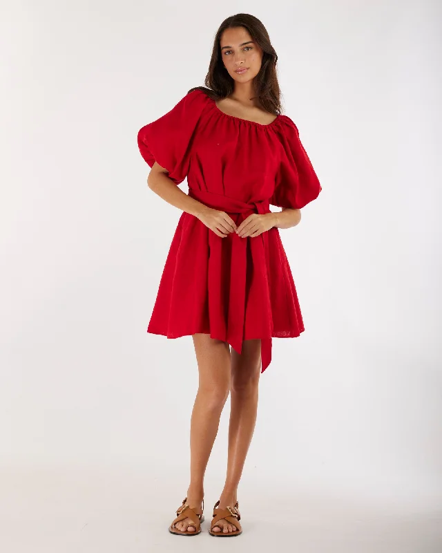 Mini dress with high neckline-Wren Linen Mini Dress - Red