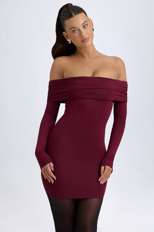 Mini dress with casual chic-Modal Off-Shoulder Mini Dress in Wine Red