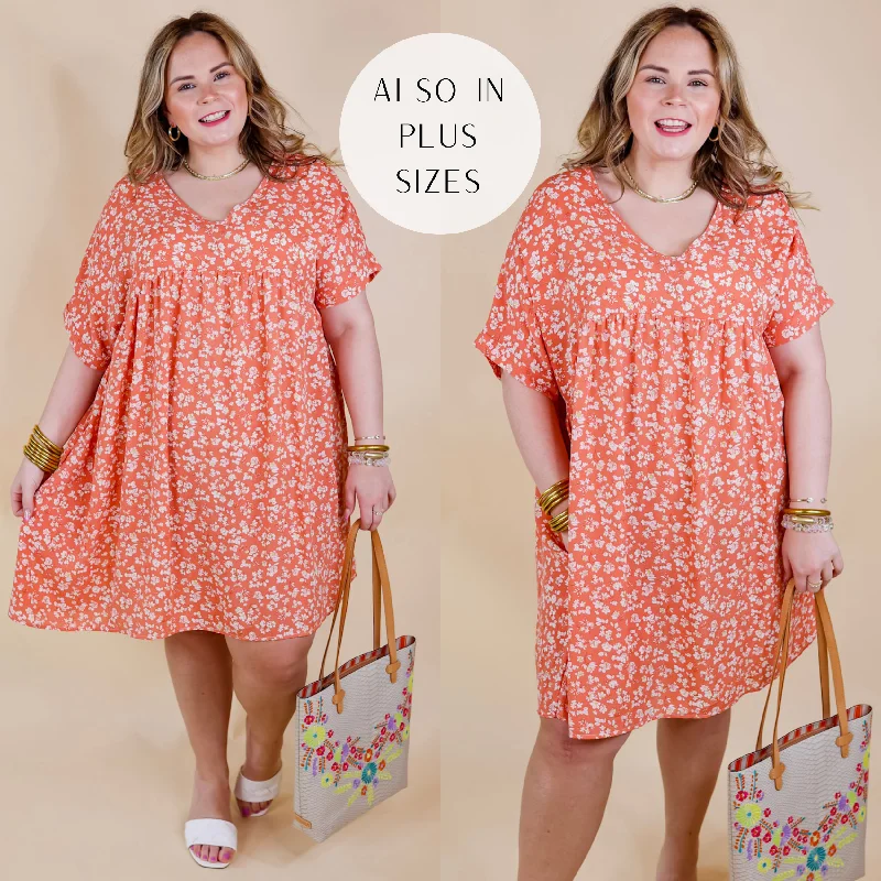 Mini dress with polka dots-Beauty In Blooms Floral Print Babydoll Dress in Coral Orange