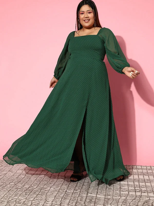 Casual maxi dress for work-Berrylush Women Plus Size Solid Green Dobby Weave Square Neck Thigh-High Slit Flared Maxi Dress