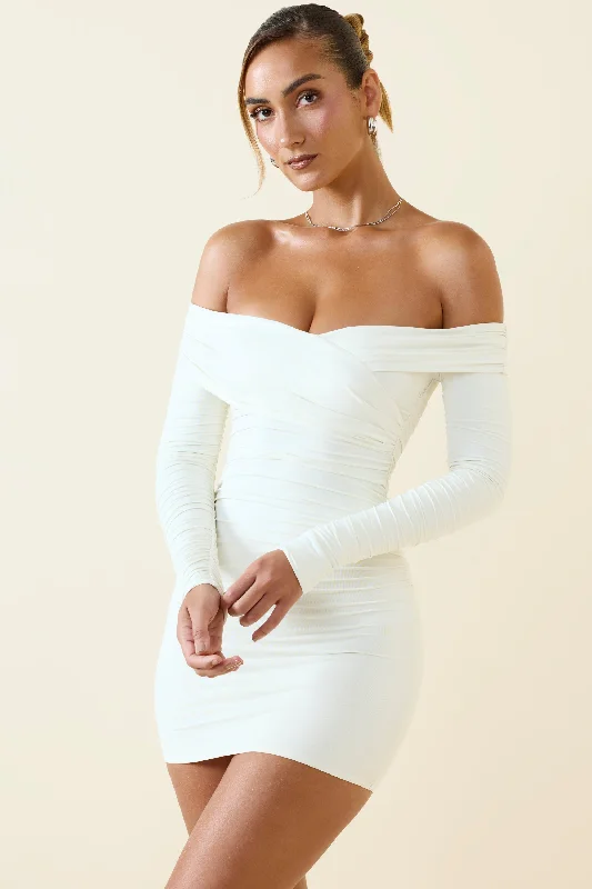 Mini dress with youthful look-Off-Shoulder Ruched Bodycon Mini Dress in Vanilla