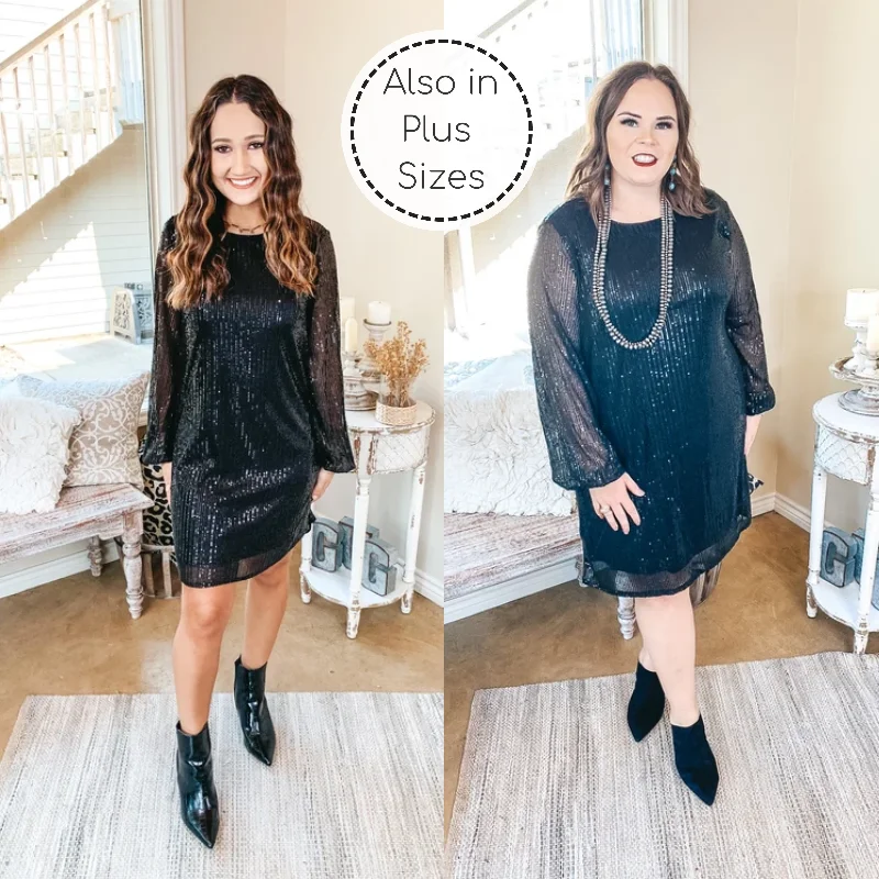 Elegant black mini dress-Last Chance Size Small | Into The Night Long Sleeve Sequin Mini Dress in Black