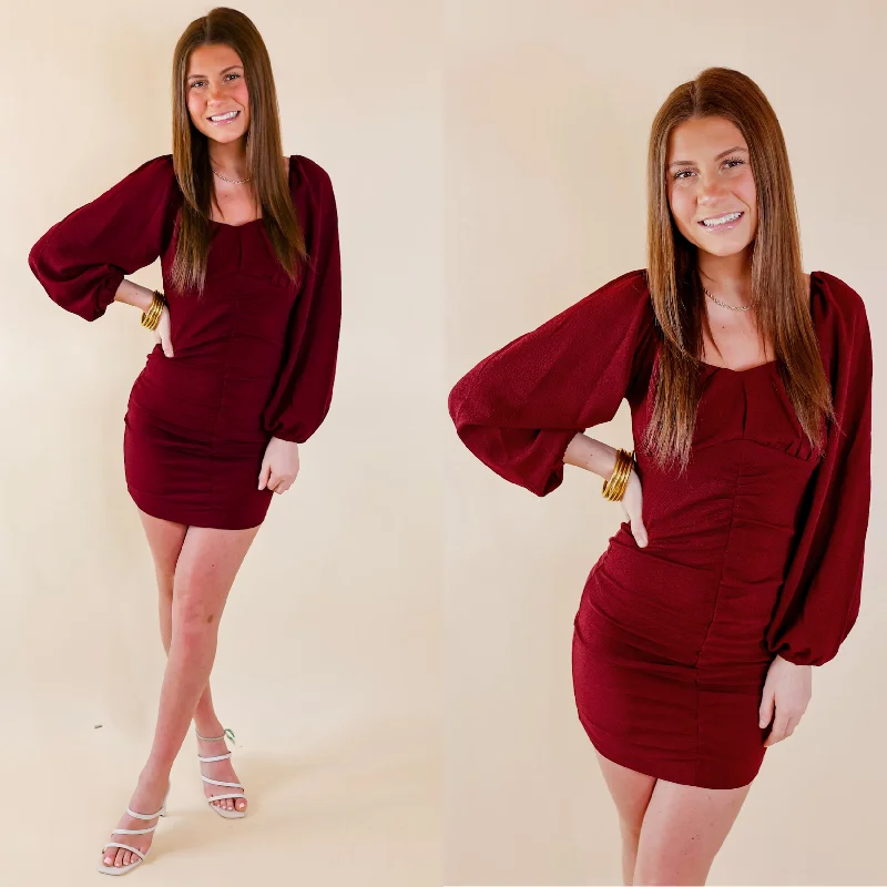 Mini dress with retro vibe-Take A Photo Ruched Dress with Long Sleeves in Maroon