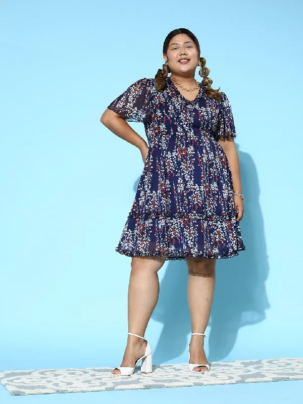 Mini dress with bell sleeves-Berrylush Women Plus Size Navy Blue & Red Floral Printed V-Neck Flutter Sleeves Chiffon Tiered Fit & Flare Mini Dress