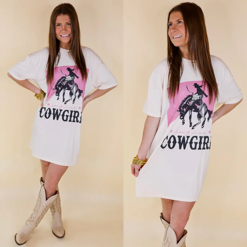 Mini dress with patchwork design-Long Live Cowgirl Short Sleeve Tee Shirt Dress in Cream