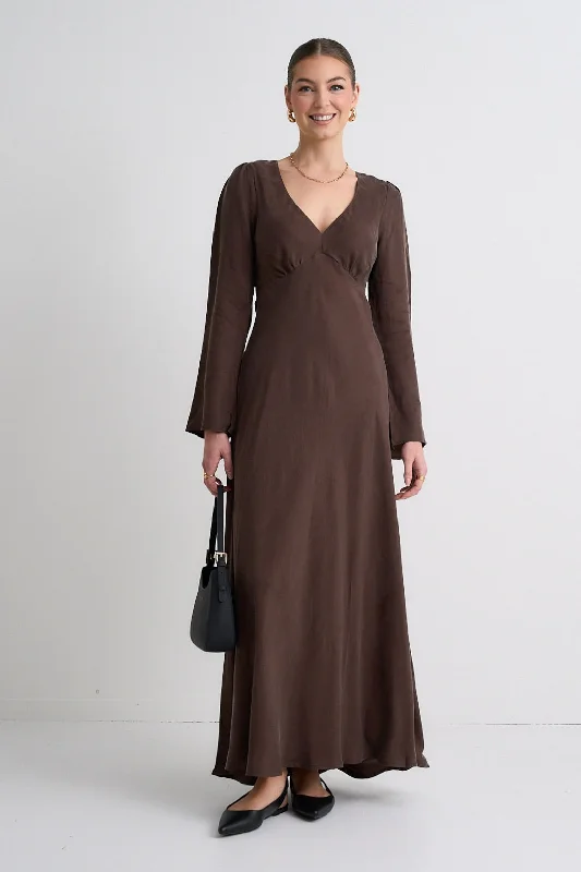 Maxi dress with gingham print-Equinox Cocoa Cupro Blend LS Maxi Dress