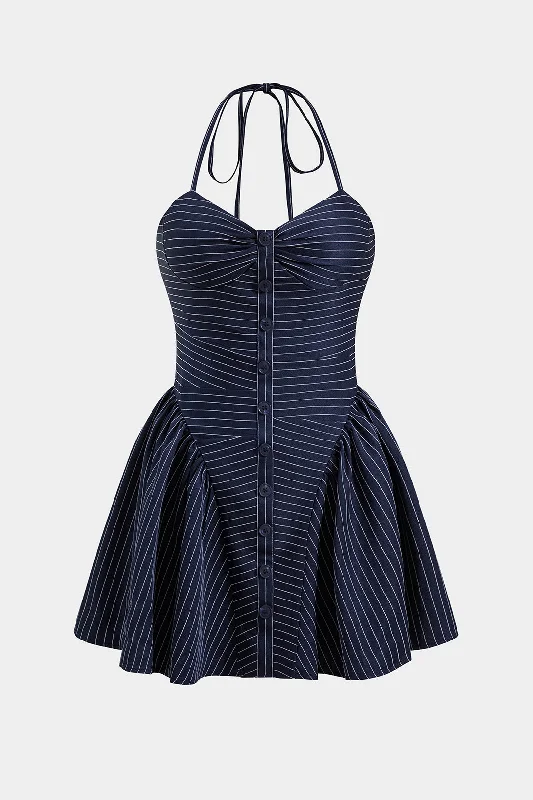 Mini dress with frilly details-Stripes Button Halter Neck Backless Mini Dress