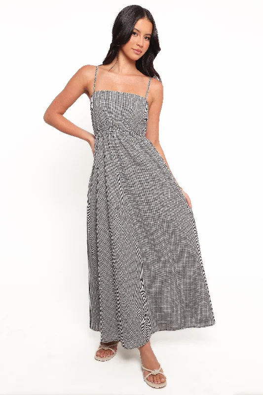 Maxi dress with lace-up front-Serene Maxi Dress - Black Gingham