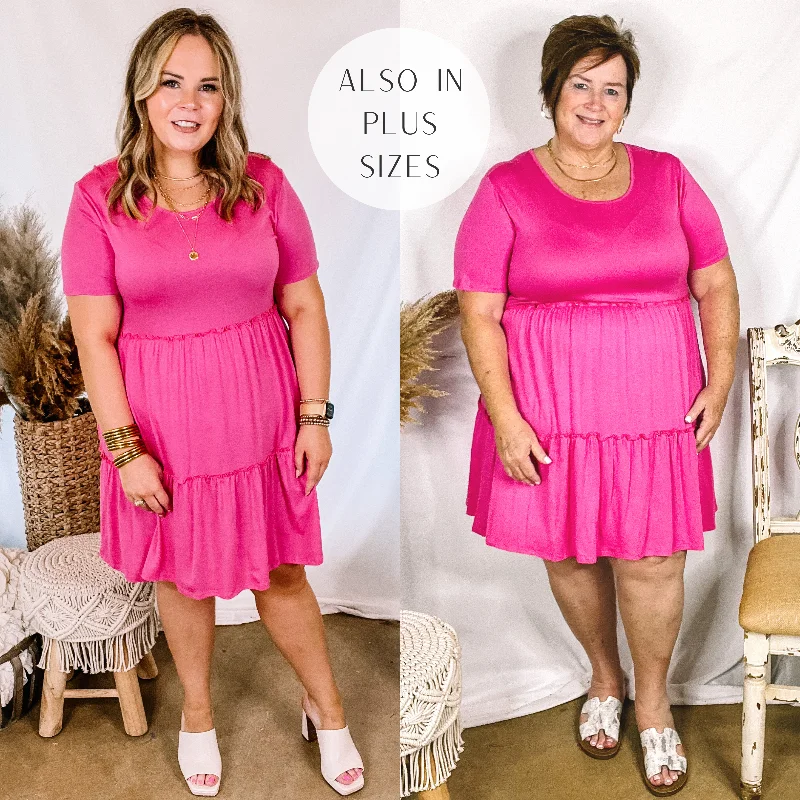 Mini dress with eyelet fabric-A Night to Remember Ruffle Tiered Short Sleeve Dress in Fuchsia Pink