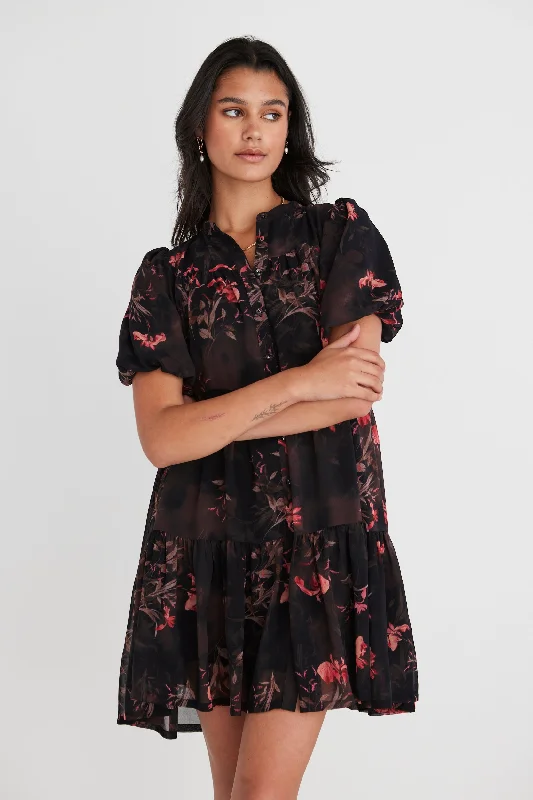 Mini dress with asymmetrical hem-Ravine Black Orchid SS Shirt Style Tiered Mini Dress