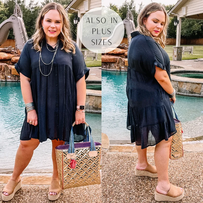 Mini dress with embroidered flowers-Last Chance Size Small & XL | Wildest Dreams Button Up Short Sleeve Tunic Dress in Black