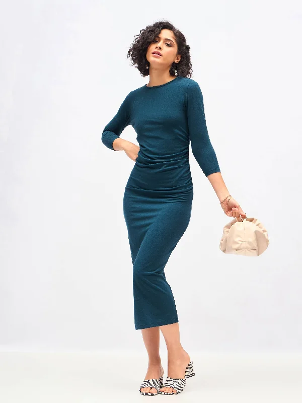 Maxi dress with puff sleeves-Women Teal Waist Ruched Bodycon Maxi Dress