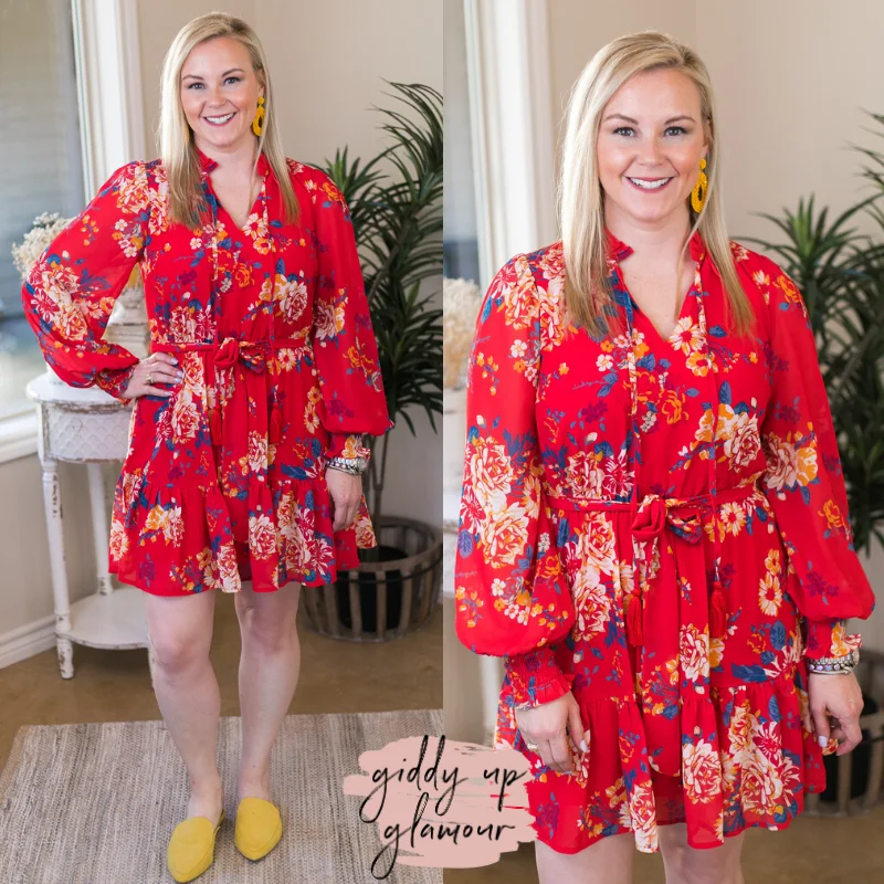 Mini dress with adjustable straps-Last Chance Size Small | Blooming With Love Floral Long Sleeve Mini Dress with High Neck in Red