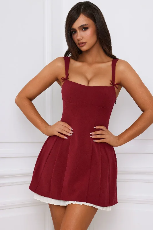 Mini dress with illusion sleeves-Bow-Detail Pleated A-Line Mini Dress in Berry Red