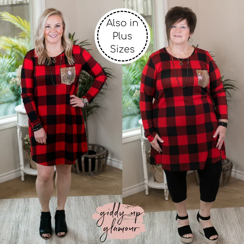 Mini dress with beaded details-Last Chance Size Small | Making Spirits Bright Buffalo Plaid Print Dress with Sequin Pocket in Red