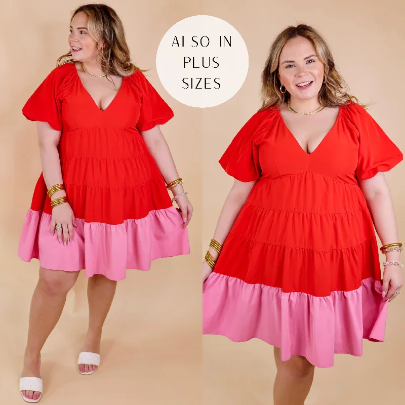 Mini dress with puffball skirt-Trendy City Puff Sleeve Tiered Dress with Pink Hemline in Red