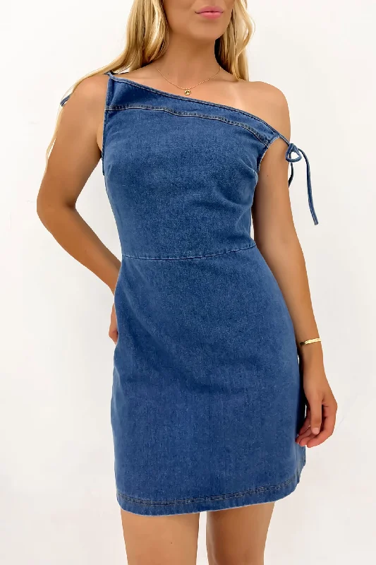 Mini dress with bohemian vibes-Callum Denim Mini Dress Mid Blue