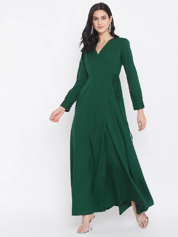 Maxi dress with wrap style-Berrylush Women Solid Dark Green V-Neck Tie-Up Wrap Maxi Dress