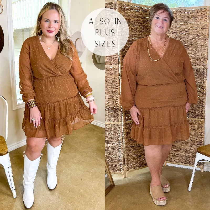 Mini dress with cowl neck-Chasing Love Swiss Dot Tiered Dress with Long Sleeves in Camel Brown