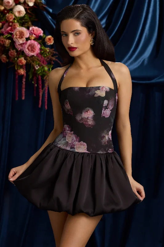 Mini dress with smocked bodice-Halterneck Lace-Up Bubble Hem Mini Dress in Black Floral Print