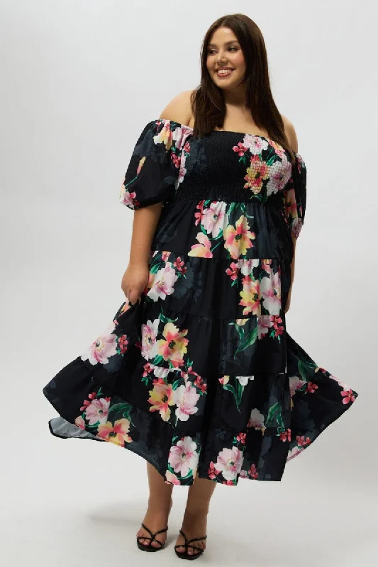 Maxi dress with fringe details-Black Floral Maxi Dress Short Sleeve Shirred