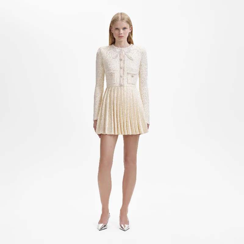 Mini dress with one shoulder-Cream Bow Knit Mini Dress